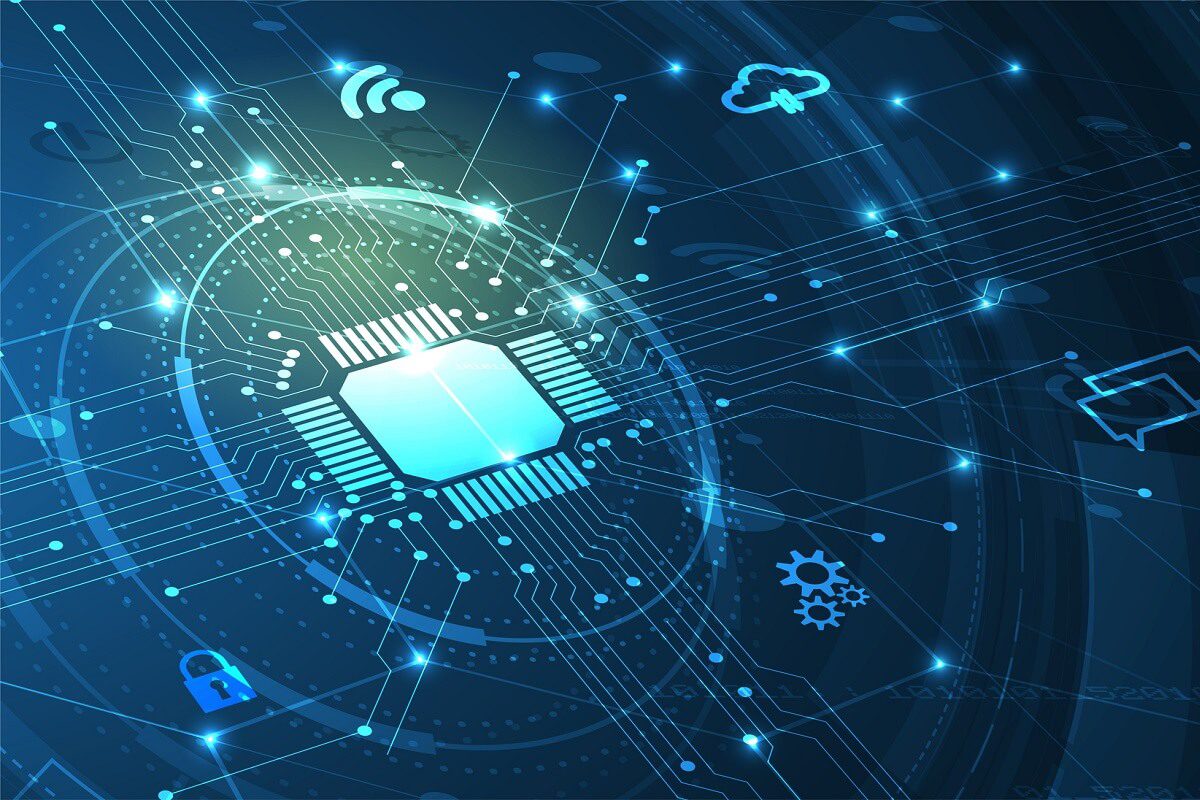 Abstract digital illustration of a microchip surrounded by circuit lines and technology icons, symbolizing digital connectivity and modern computing.