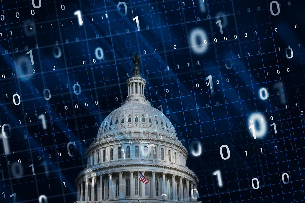The US Capitol dome is overlaid with a blue digital grid and floating binary code, symbolizing the intersection of government and technology, while highlighting the importance of CMMC Compliance Automation for continuous monitoring in today’s digital landscape.