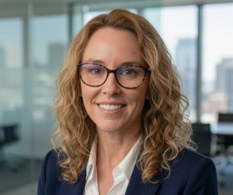 A woman with curly blonde hair and glasses, wearing a navy blazer and white blouse, smiles in a modern office with large windows overlooking a cityscape.