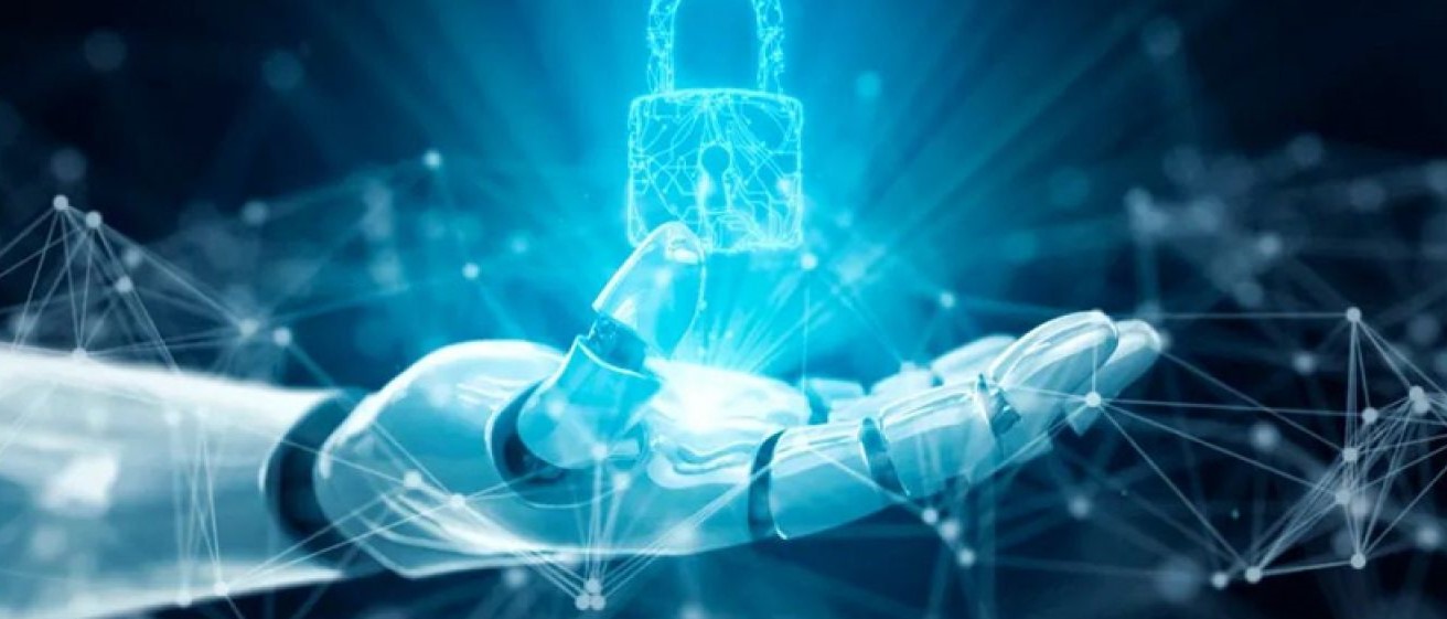 A robotic hand holds a glowing digital padlock, symbolizing cybersecurity and artificial intelligence, with blue network connections in the background.