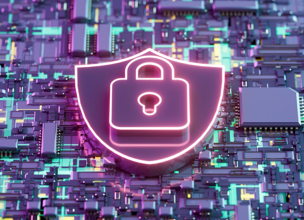 Cyber Security Concept, Digital Data Protection with Padlock on Motherboard Chip - stock photo