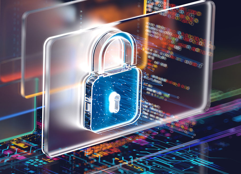 A digital illustration of a glowing padlock over a transparent screen with computer code, symbolizing cybersecurity and data protection.