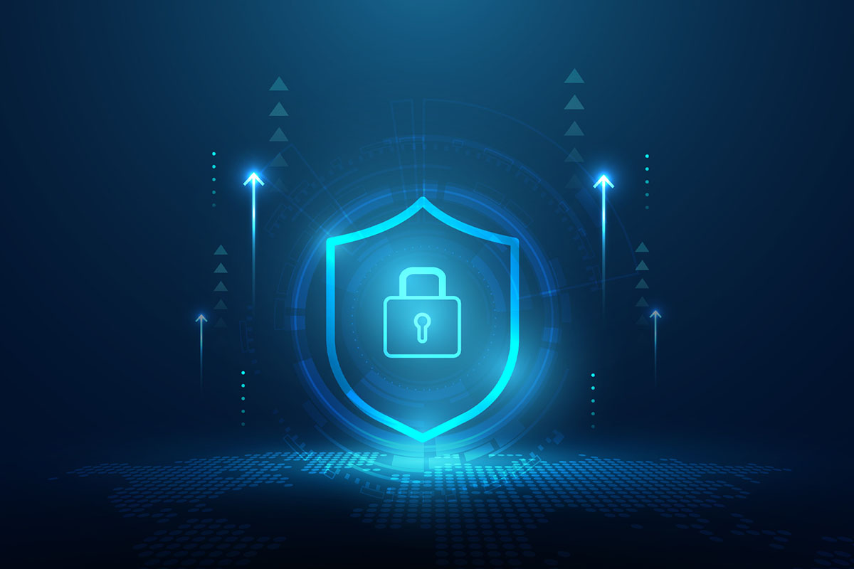 A glowing padlock inside a shield symbol appears on a digital background, representing cybersecurity and data protection, with upward arrows and circuit-like elements.