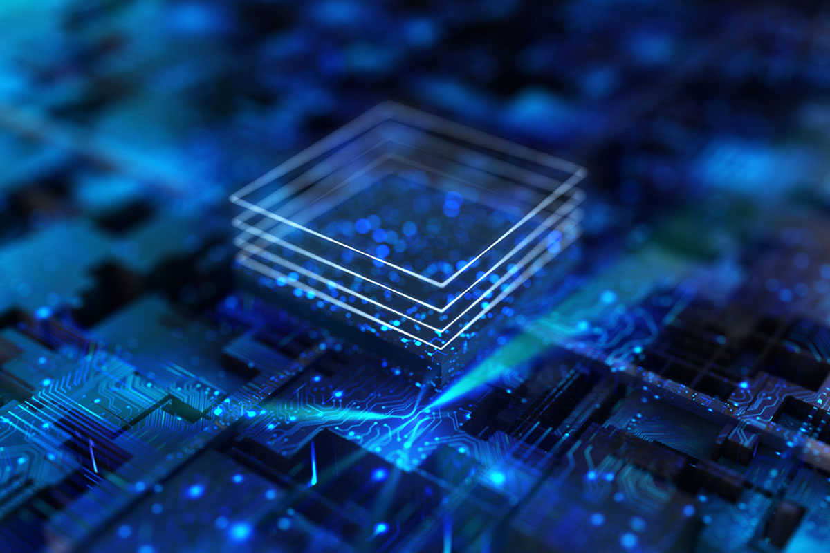 A glowing, abstract representation of a digital microchip or circuit board, featuring blue lights and lines with a transparent cube layered above, symbolizing technology and data processing.