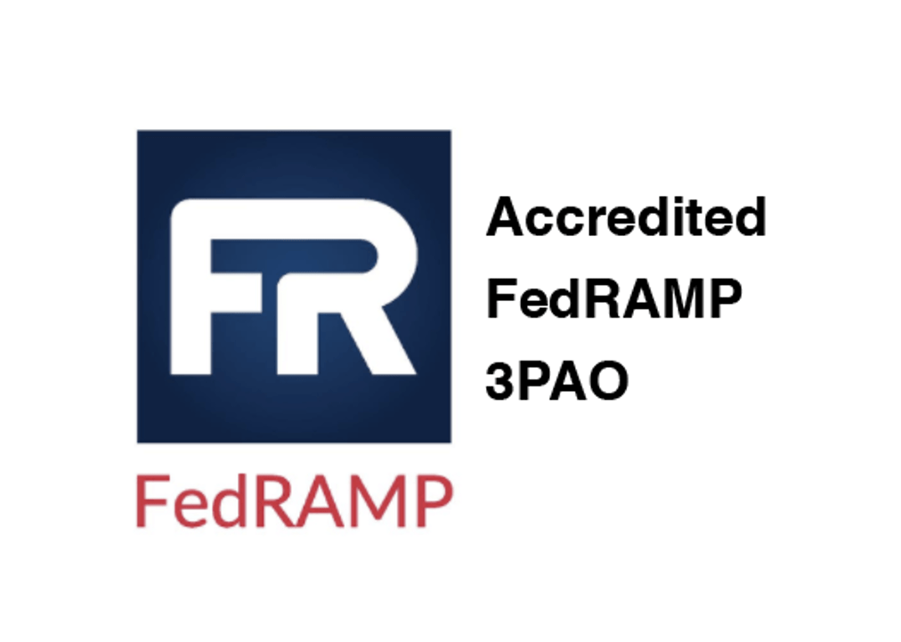 FedRAMP logo on a blue square, with text: Accredited FedRAMP 3PAO in black and FedRAMP in red below.