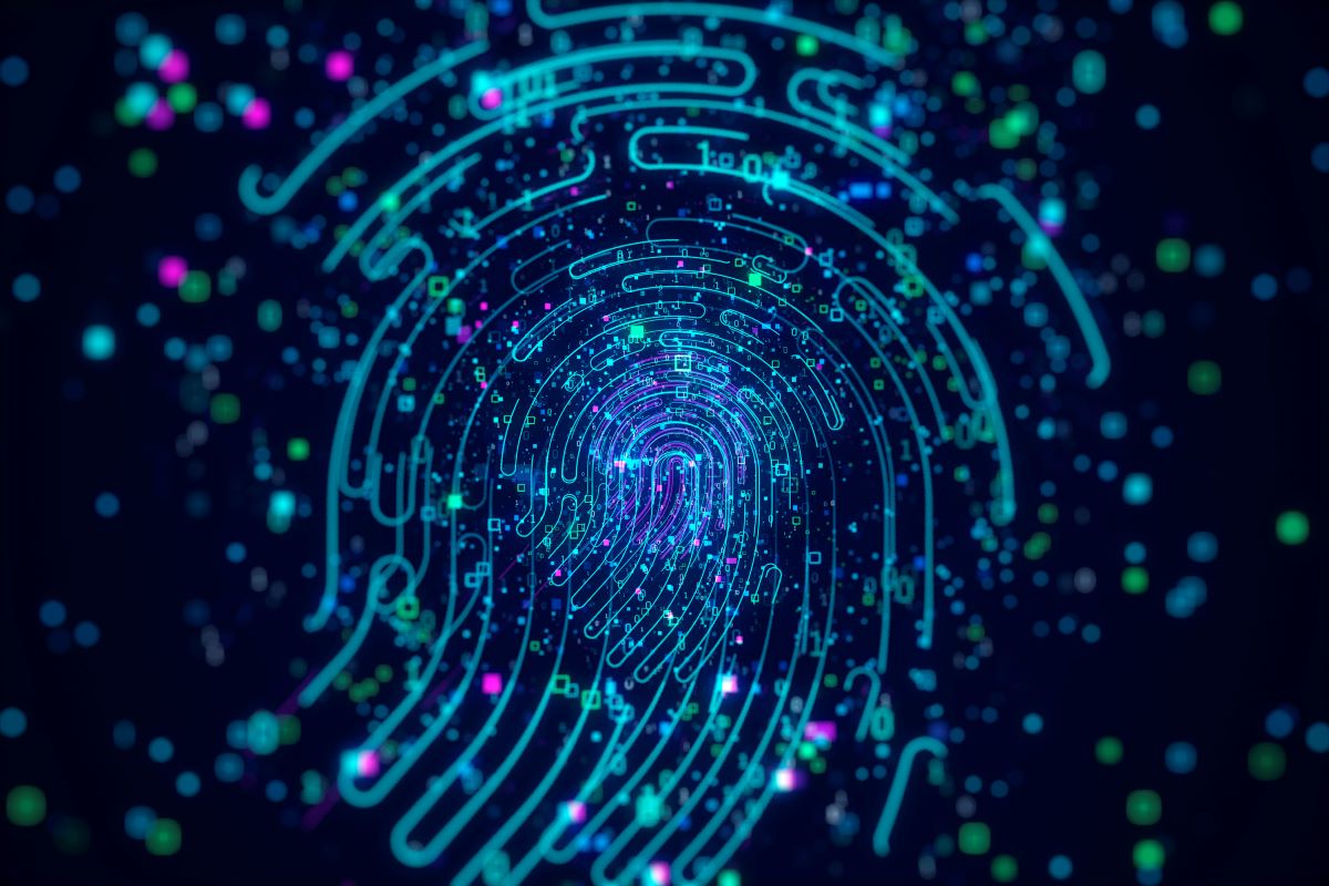 A glowing digital fingerprint with neon blue lines and scattered colorful dots on a dark background, symbolizing technology, biometrics, and data security.