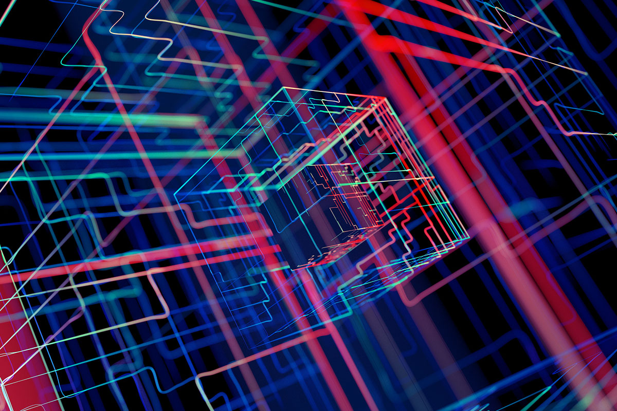 Abstract digital art of intersecting neon lines forming geometric shapes and a central cube, with colors including blue, red, and green on a dark background, evoking a futuristic, high-tech or cyberspace theme.