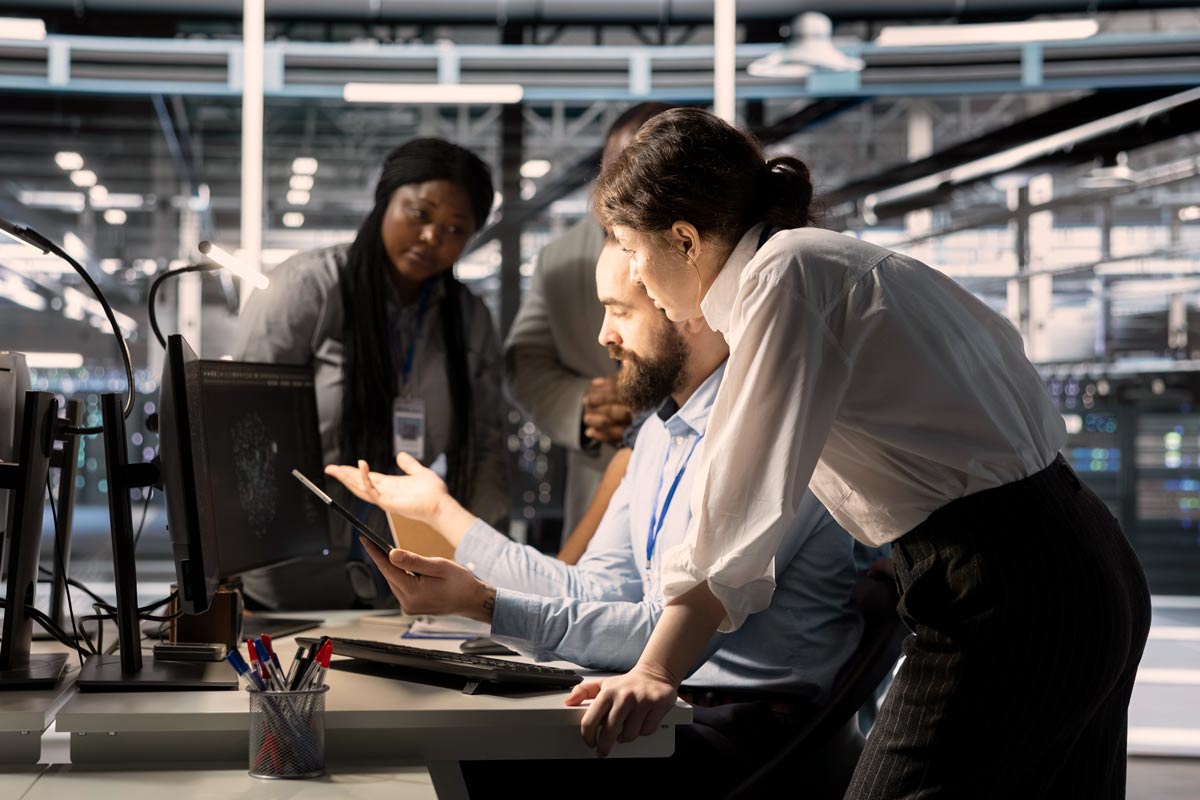 Four people in business attire gather around a desk with computer screens in a modern office, collaborating and discussing something on a digital tablet. The workspace is brightly lit with industrial decor, reflecting a forward-thinking environment where compliance automation solutions are seamlessly integrated into everyday workflows.