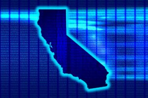 California - State with glow with a 101010 background in a 1970 dot matrix font on a computer screen.