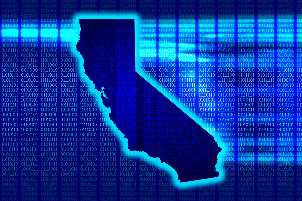 California - State with glow with a 101010 background in a 1970 dot matrix font on a computer screen.