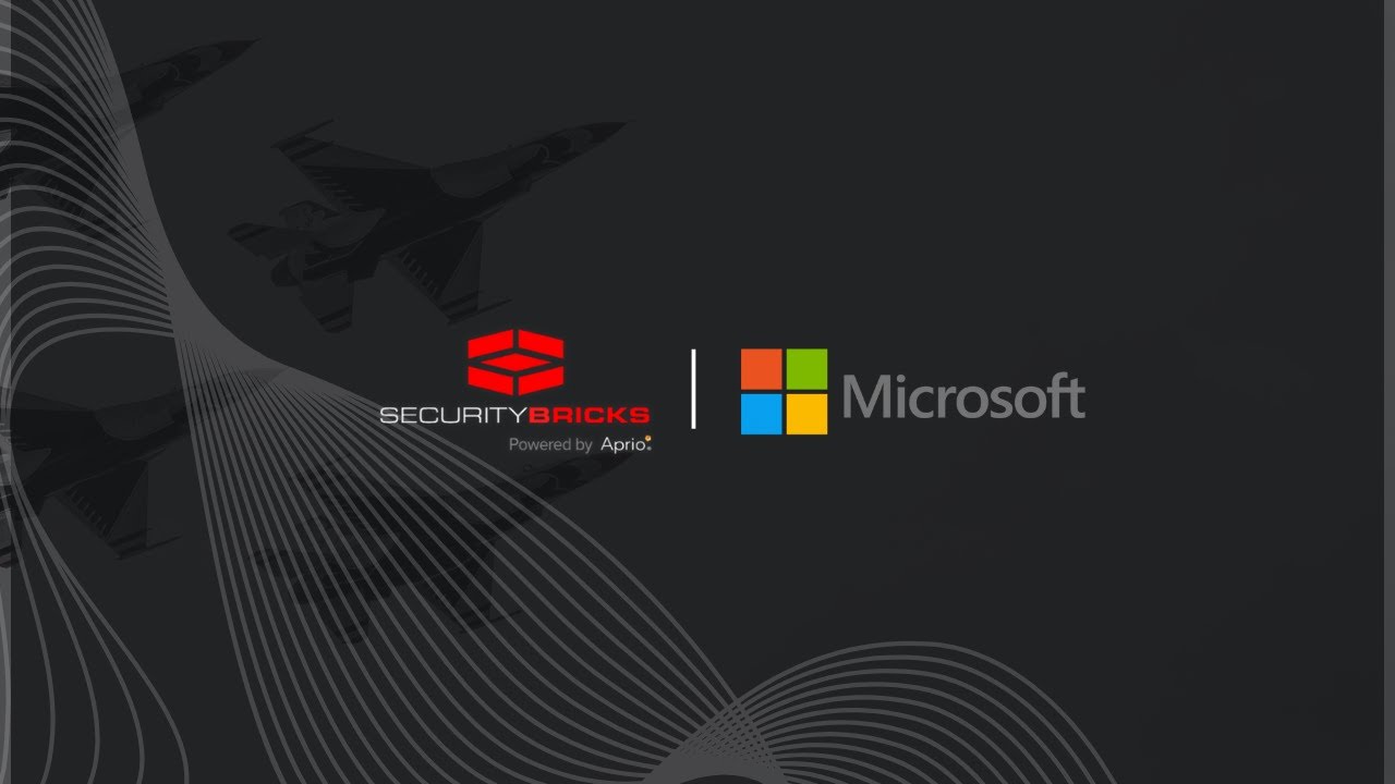 SecurityBricks and Microsoft logos are side by side on a dark background with faint jet silhouettes and white curved lines. Text: Powered by Apria under SecurityBricks, highlighting CMMC Compliance and advanced Microsoft Security Solutions.